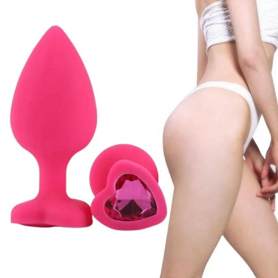 Parlak Kalp Şeklinde Mor Mücevher Taşlı Silikon Pembe Anal Plug