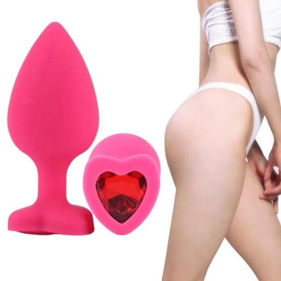 Parlak Kalp Şeklinde Gül Kırmızı Mücevher Taşlı Silikon Pembe Anal Plug